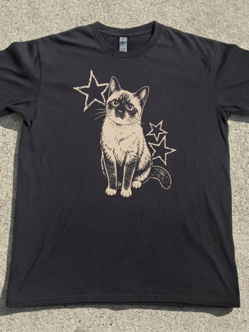Cat Graphic T-Shirt - Black with Cream Print